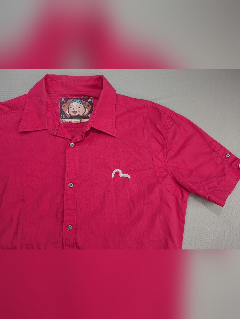 Vintage Evisu button up short sleeve shirt Pink 2XL slim fit Logo Embroidered